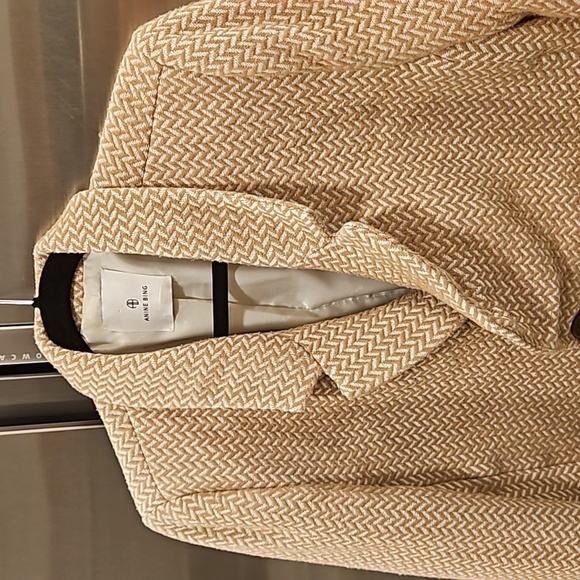 💕ANINE BING💕 Tweed Double Breasted Fishbone Blazer ~ Tan & Cream XL - Picture 13 of 16